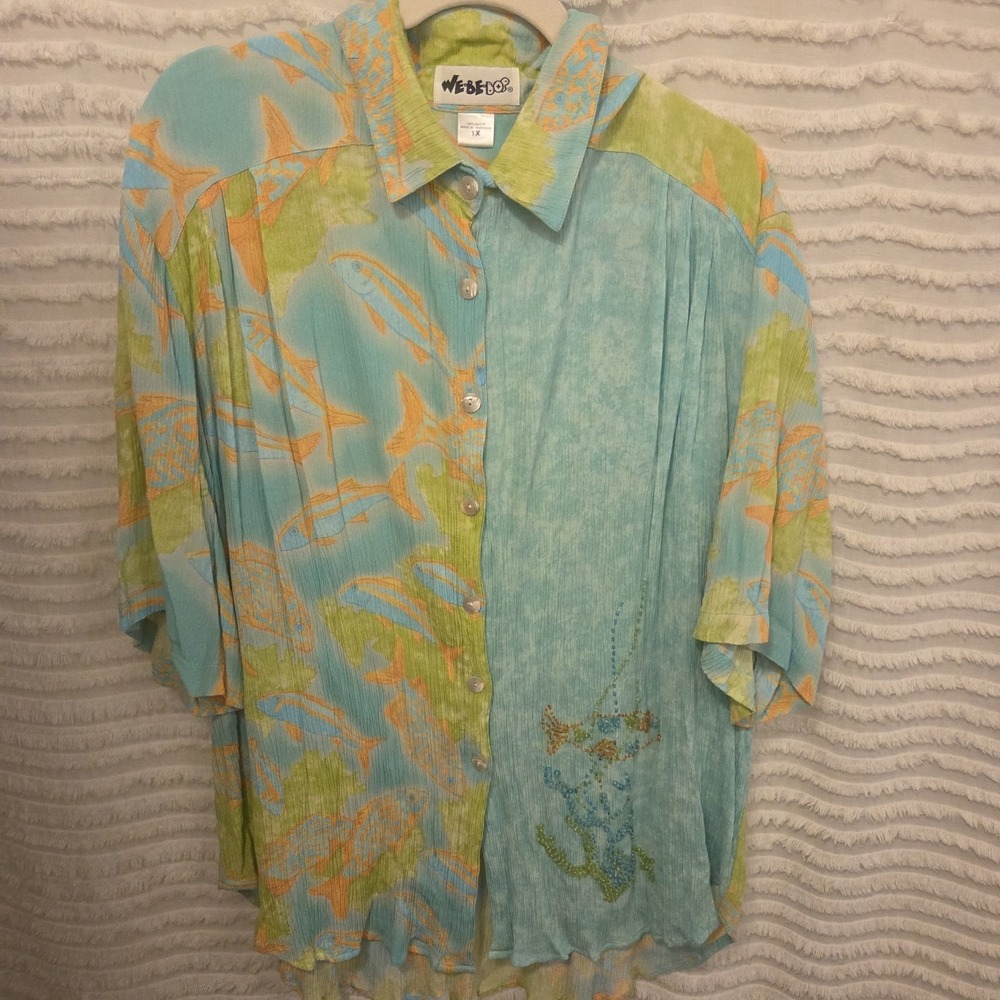We Be‎ BOP Tunic Top Fish Beaded Art Oversized Womens 1X Beach Resort